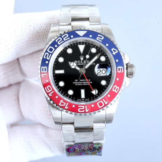 Rolex GMT-Master series, black dial, red and blue bezel, 40mm, silver Oyster bracelet.