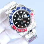 Rolex GMT-Master series, black dial, red and blue bezel, 40mm, silver Oyster bracelet.