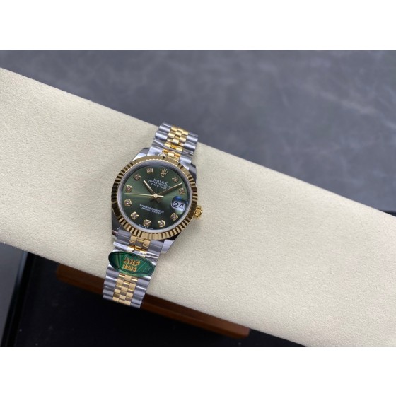 Datejust series, 31mm green dial, two-tone gold and silver strap.