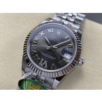 Datejust series, 31mm grey dial, silver strap.