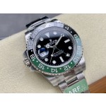 Rolex GMT-Master series, black dial, black and green bezel, 40mm, silver Oyster bracelet.