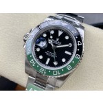 Rolex GMT-Master series, black dial, black and green bezel, 40mm, silver Oyster bracelet.