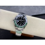 Rolex GMT-Master series, black dial, black and green bezel, 40mm, silver Oyster bracelet.