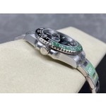 Rolex GMT-Master series, black dial, black and green bezel, 40mm, silver Oyster bracelet.