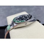 Rolex GMT-Master series, black dial, black and green bezel, 40mm, silver Oyster bracelet.
