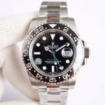 Rolex GMT-Master series, black dial, black bezel, 40mm, silver Oyster bracelet.