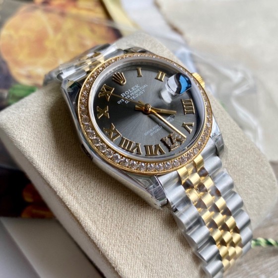 Datejust series, grey dial with diamonds, 31mm, two-tone gold and silver strap.