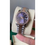 Datejust series, 31mm with purple dial and diamond setting, rose gold two-tone strap.