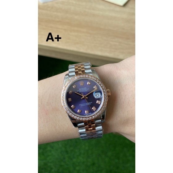 Datejust series, 31mm with purple dial and diamond setting, rose gold two-tone strap.