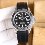 Rolex Yacht-Master series, black dial, gray bezel, silver case, 42mm, rubber strap.