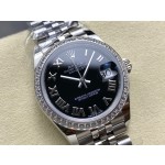 Datejust series, black dial with diamonds, 31mm, silver strap