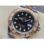 Yacht-Master series, black dial, rose gold bezel, 40mm, two-tone Oyster bracelet.