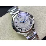 Cartier Ballon Bleu series, 33mm women's watch with silver dial and silver strap, mechanical movement.
