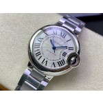 Cartier Ballon Bleu series, 33mm women's watch with silver dial and silver strap, mechanical movement.