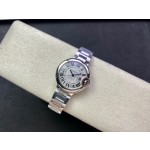 Cartier Ballon Bleu series, 33mm women's watch with silver dial and silver strap, mechanical movement.