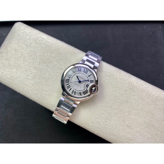 Cartier Ballon Bleu series, 33mm women's watch with silver dial and silver strap, mechanical movement.