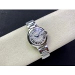 Cartier Ballon Bleu series, 33mm women's watch with silver dial and silver strap, mechanical movement.