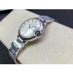 Cartier Ballon Bleu series, 33mm women's watch with silver dial and silver strap, mechanical movement.