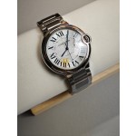 Cartier Ballon Bleu series, 42mm men's watch, silver dial and silver strap, mechanical.