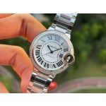 Cartier Ballon Bleu series, 33mm ladies' watch with silver dial and diamond setting, silver strap, mechanical movement.