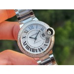 Cartier Ballon Bleu series, 33mm ladies' watch with silver dial and diamond setting, silver strap, mechanical movement.