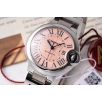 Cartier Ballon Bleu series, pink dial, 33mm women's watch, silver strap, mechanical movement.