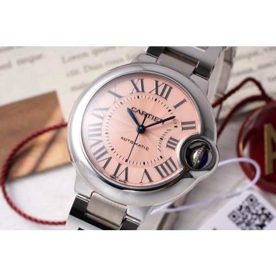 Cartier Ballon Bleu series, pink dial, 33mm women's watch, silver strap, mechanical movement.