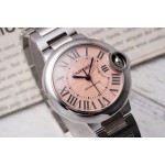 Cartier Ballon Bleu series, pink dial, 33mm women's watch, silver strap, mechanical movement.
