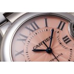 Cartier Ballon Bleu series, pink dial, 33mm women's watch, silver strap, mechanical movement.