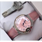 Cartier Ballon Bleu series, 33mm women's watch with pink dial, pink leather strap, mechanical movement.