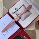 Cartier Ballon Bleu series, 33mm women's watch with pink dial, pink leather strap, mechanical movement.