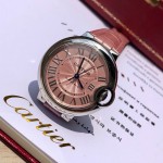 Cartier Ballon Bleu series, 33mm women's watch with pink dial, pink leather strap, mechanical movement.