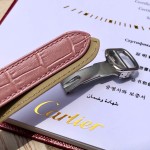 Cartier Ballon Bleu series, 33mm women's watch with pink dial, pink leather strap, mechanical movement.