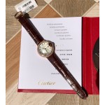 Cartier Ballon Bleu collection, 33mm ladies' watch with silver dial and diamonds, burgundy leather strap, mechanical movement.