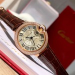 Cartier Ballon Bleu collection, 33mm ladies' watch with silver dial and diamonds, burgundy leather strap, mechanical movement.