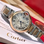 Cartier Ballon Bleu series, 33mm ladies' watch with silver dial and rose gold bezel, two-tone rose gold strap, mechanical movement.