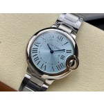 Cartier Ballon Bleu series, 33mm women's watch with ice blue dial, silver strap, quartz watch.