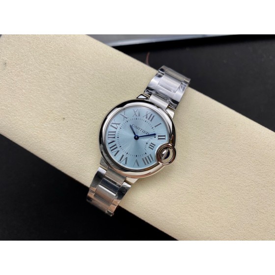 Cartier Ballon Bleu series, 33mm women's watch with ice blue dial, silver strap, quartz watch.