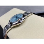 Cartier Ballon Bleu series, 33mm women's watch with ice blue dial, silver strap, quartz watch.