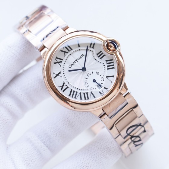 Cartier Ballon Bleu series, 33mm women's watch with silver dial, rose gold strap, quartz watch.