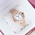 Cartier Ballon Bleu series, 33mm women's watch with silver dial, rose gold strap, quartz watch.