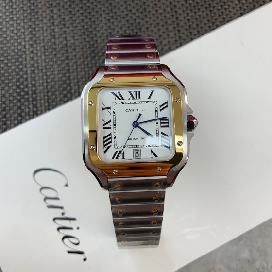 Cartier Santos Men's Mechanical Watch 47.5mm, Gold Bezel, Silver Strap