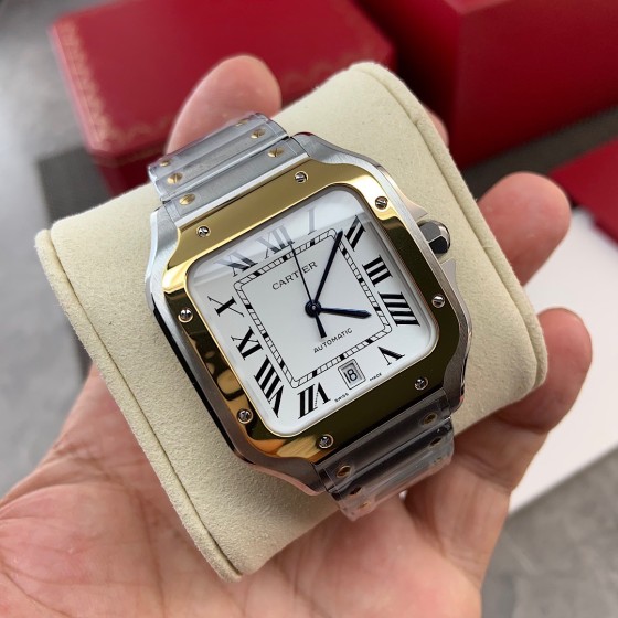 Cartier Santos Men's Mechanical Watch 47.5mm, Gold Bezel, Silver Strap
