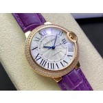 Cartier Ballon Bleu, 36mm, silver dial with diamond-set bezel, purple leather strap, mechanical watch for women.