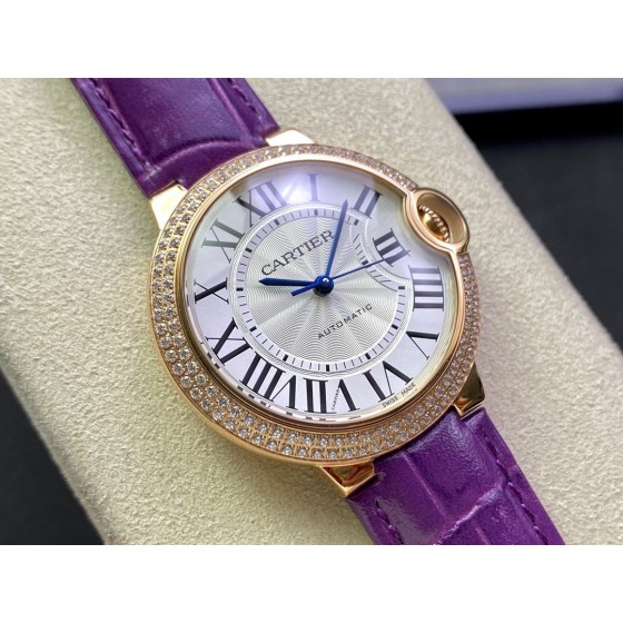 Cartier Ballon Bleu, 36mm, silver dial with diamond-set bezel, purple leather strap, mechanical watch for women.