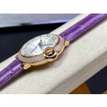 Cartier Ballon Bleu, 36mm, silver dial with diamond-set bezel, purple leather strap, mechanical watch for women.