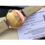 Cartier Ballon Bleu, 36mm, silver dial with diamond-set bezel, purple leather strap, mechanical watch for women.