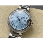 Cartier Ballon Bleu Ice Blue Dial with Diamonds, 33mm, Silver Strap, Mechanical Women's Watch