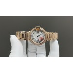 Cartier Ballon Bleu, silver dial with diamonds, 33mm, gold strap, mechanical women's watch.