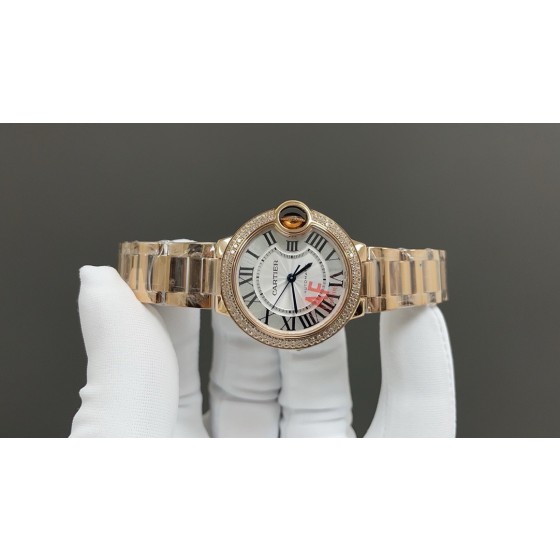 Cartier Ballon Bleu, silver dial with diamonds, 33mm, gold strap, mechanical women's watch.